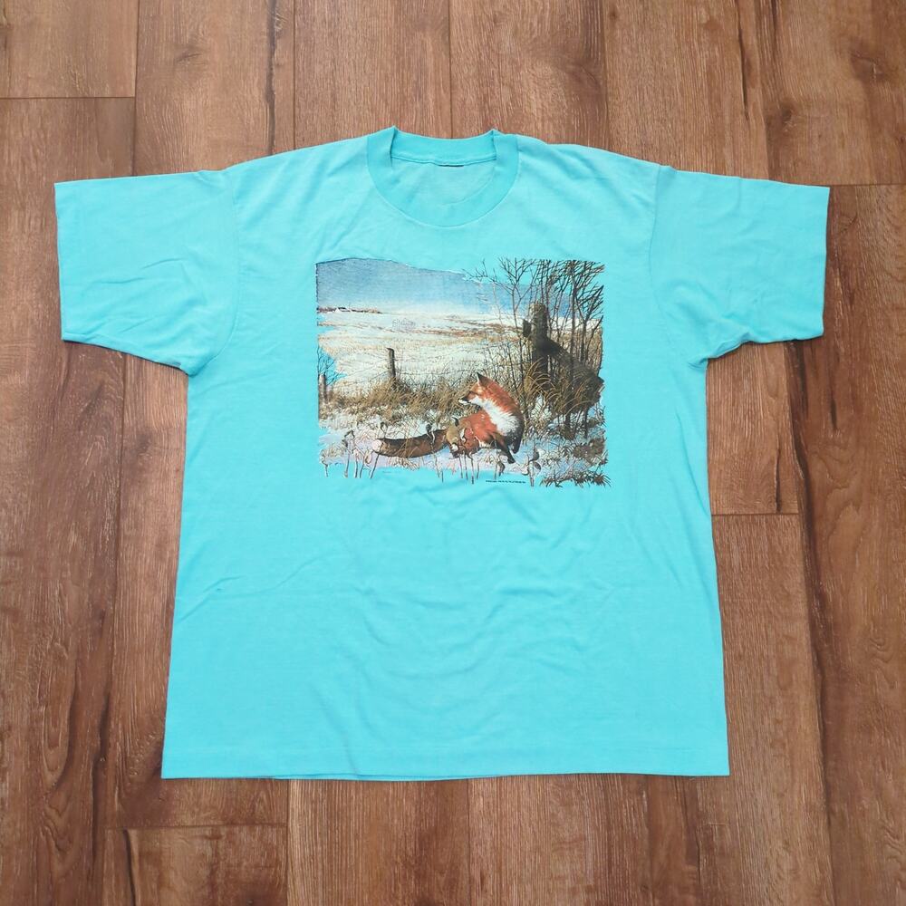 VTG Winter Fox Snow Adult XXL Shirt Nature Animals Teletrend Aqua Blue 90s‎
